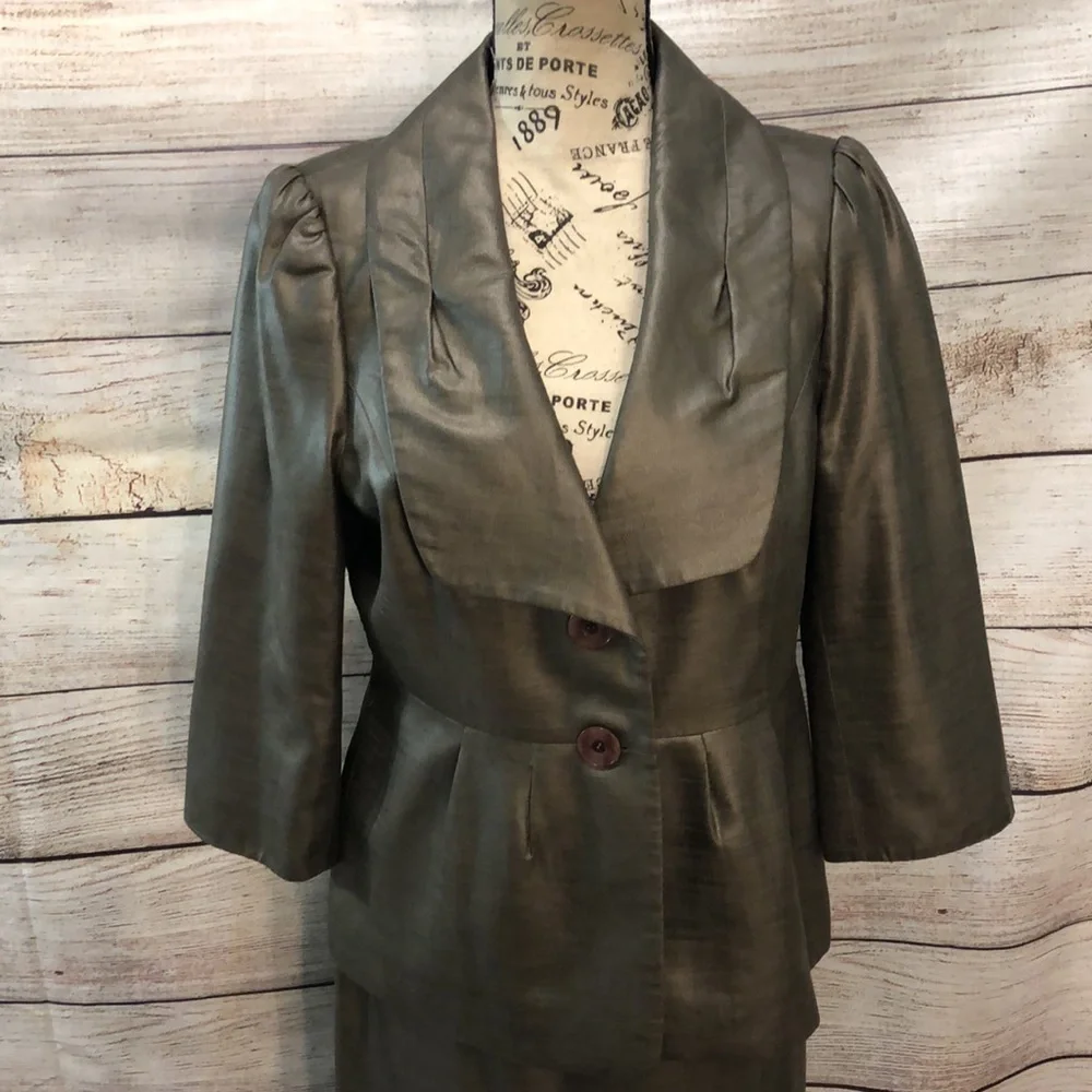 Classiques Entier Skirt Set Peplum Jacket Brown Gold Sheen Size Medium 8